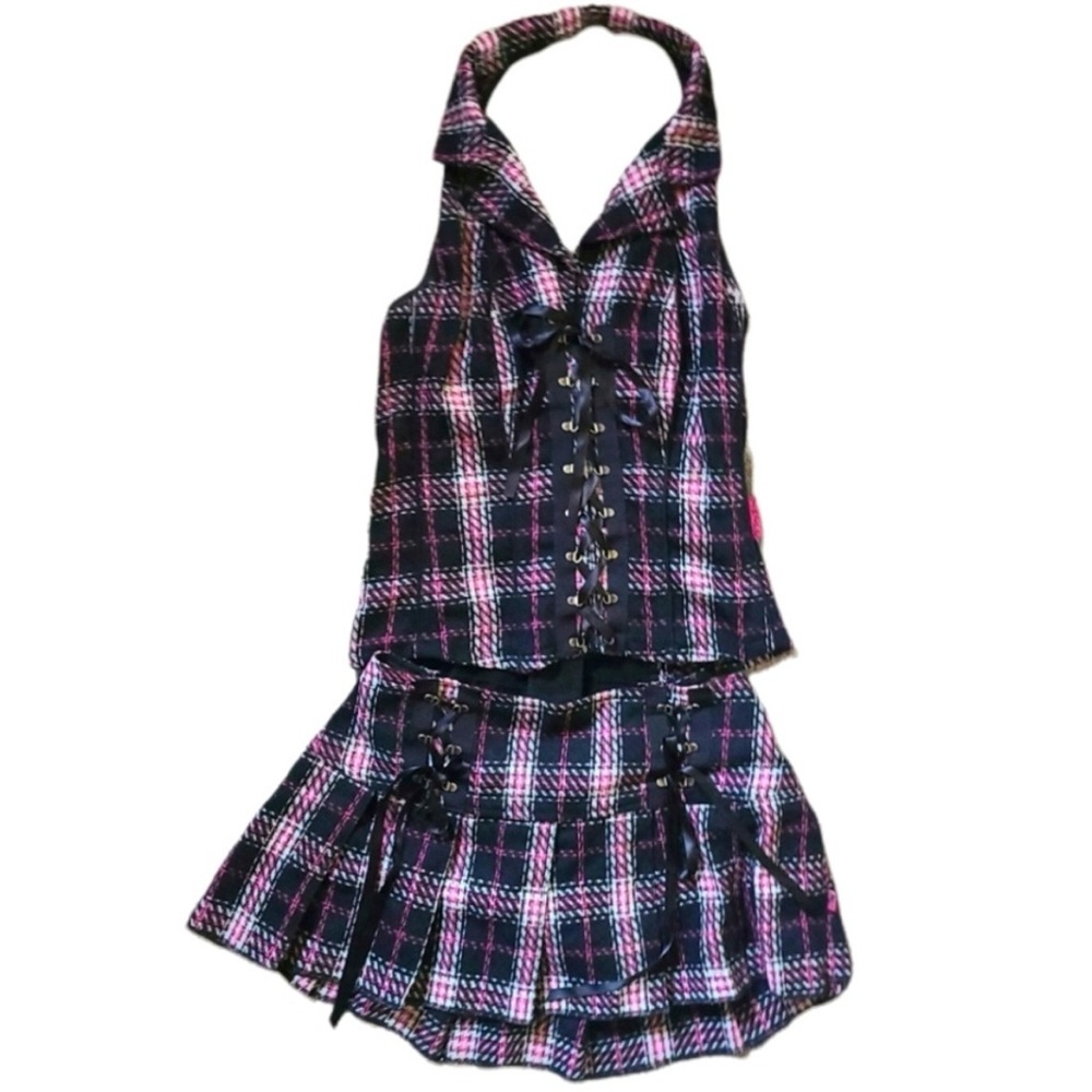Super Rare Vintage Tripp NYC Wool Pink & Black Skirt & Halter Top Set - M/L